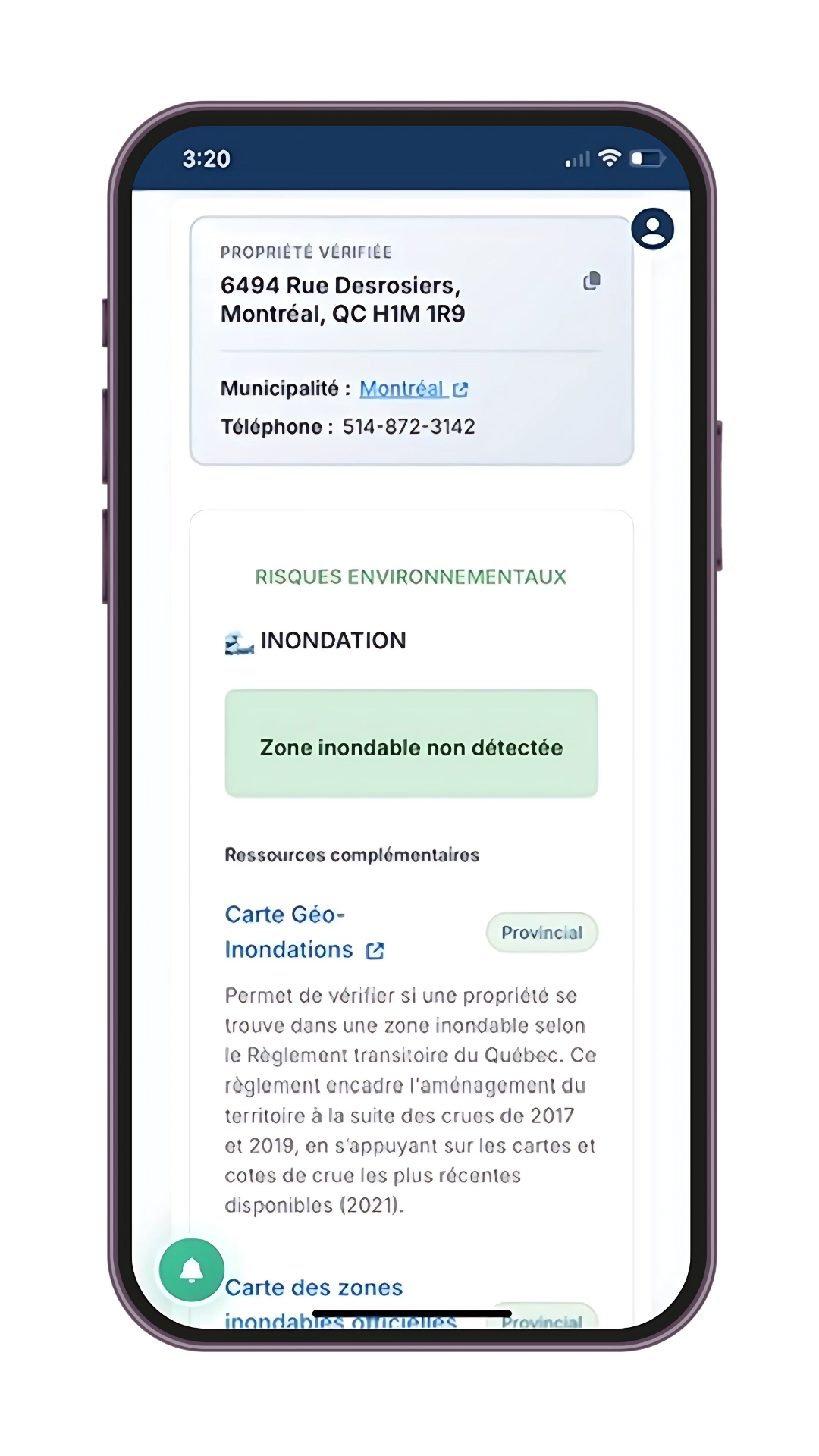 Interface mobile du Vérificateur de terrain montrant les liens pertinents pour l'analyse des risques d'inondation