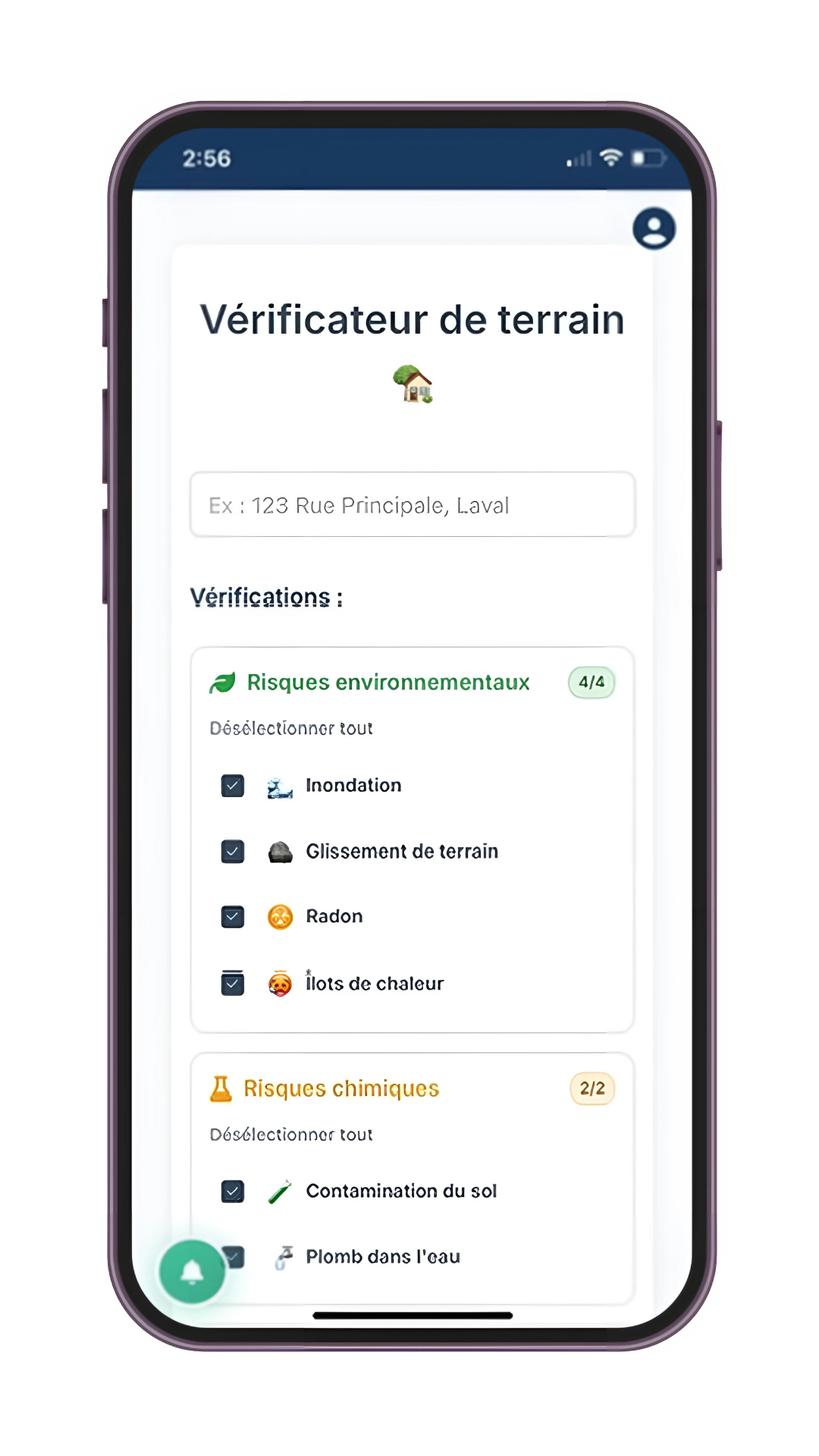 Interface du Vérificateur de terrain - Vue principale